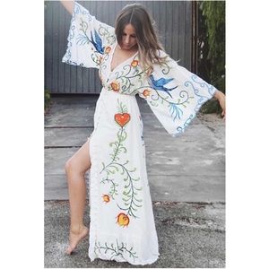 New Boho Chic long maxi kimono dress embroidered hearts flying birds wedding